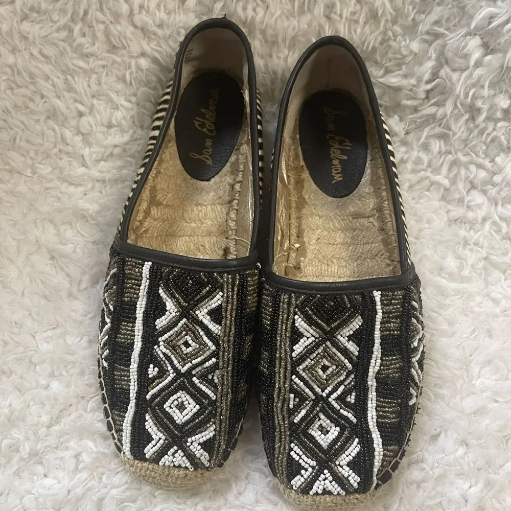 Sam Edelman Lida Beaded Geometric Black Gold White Leather Espadrilles SZ10.5M